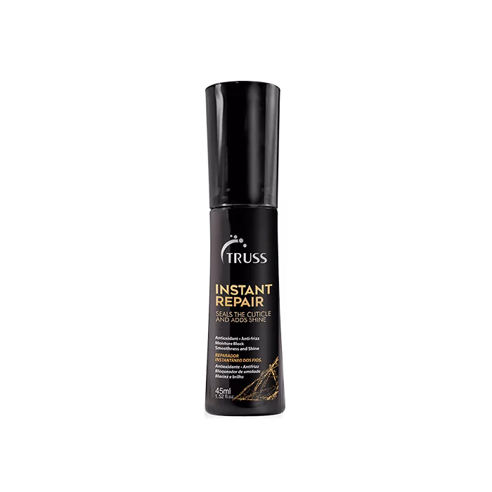 O TRUSS Instant Repair 45ml é um sérum/óleo capilar finalizador de ação rápida, recomendado para cabelos danificados e fragilizados. Funciona como protetor diário e bloqueador de humidade, ajudando a controlar o frizz, selar pontas duplas e deixar o cabelo com um acabamento brilhante, sedoso e suave, sem pesar.